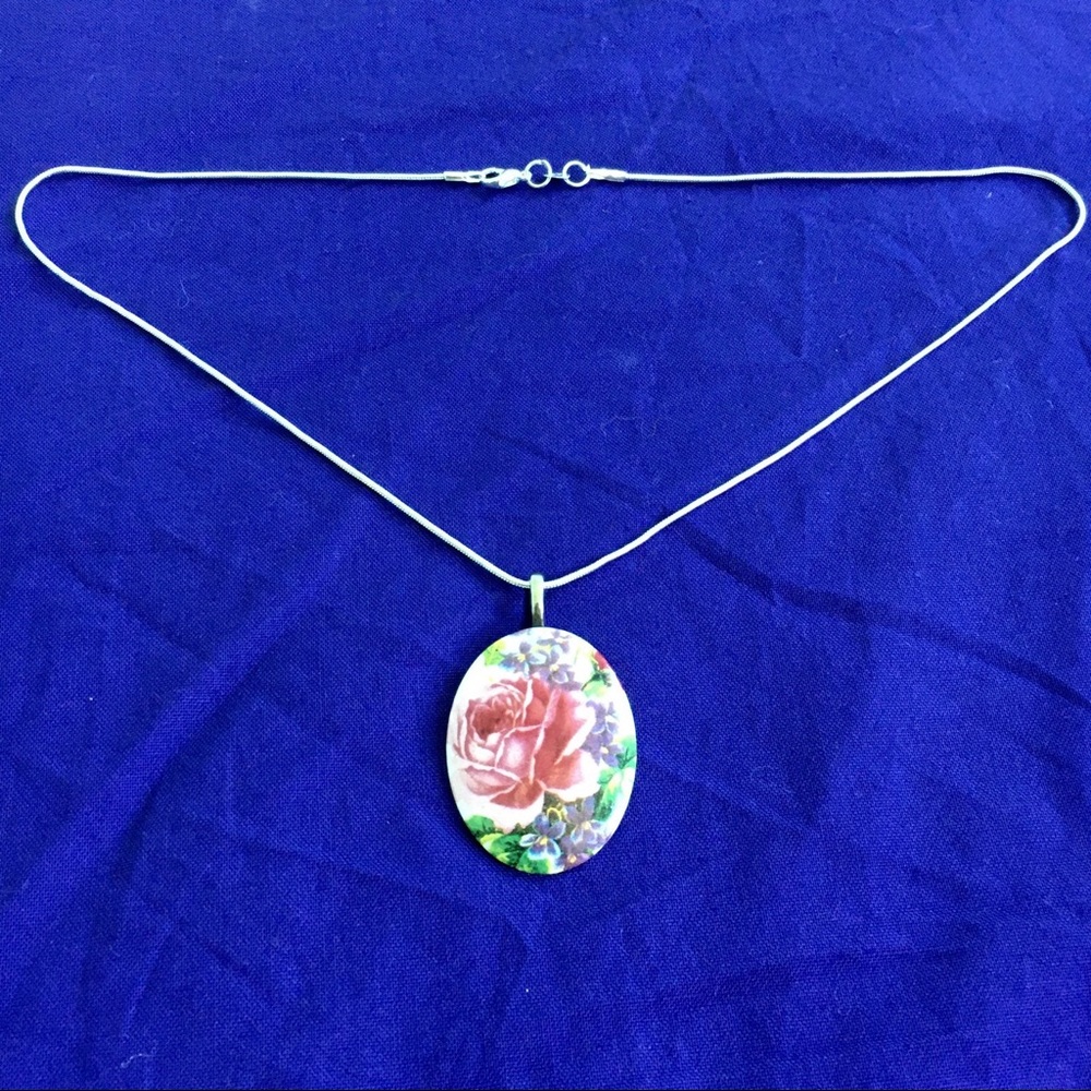 Vintage Floral Painted Sterling Silver Necklace